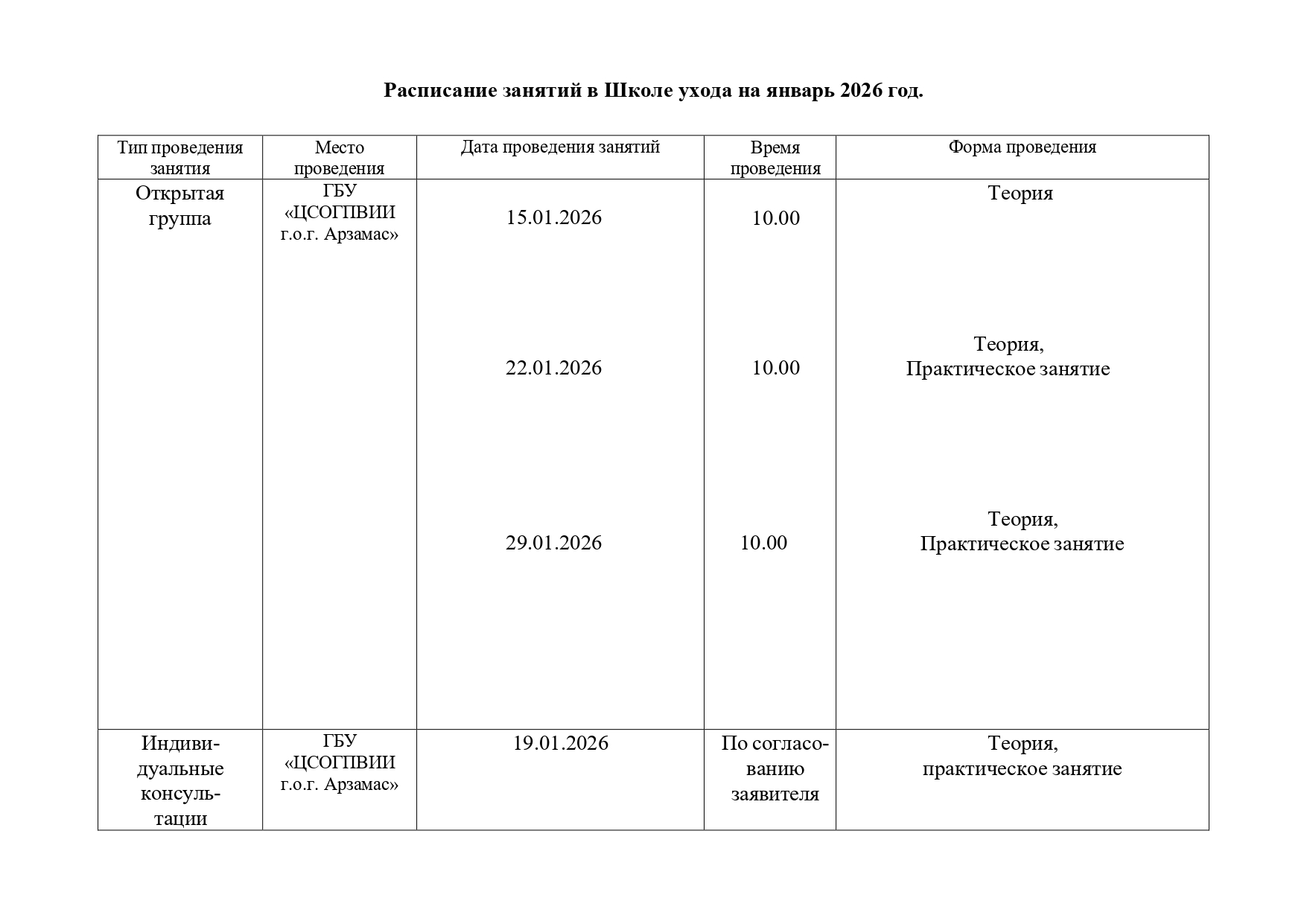Расписание занятий в Школе ухода на январь 2026 г